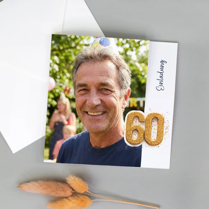 Personalisierte Einladungskarte zum 60. Geburtstag mit Foto und goldfarbener 60 neben Umschlag