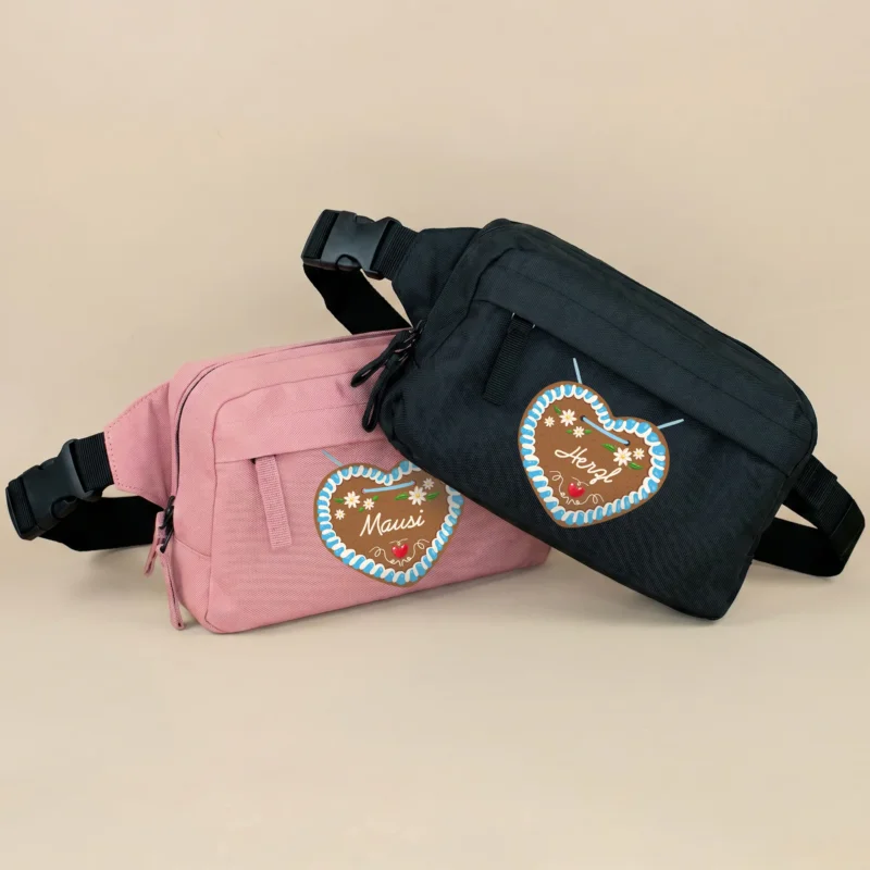 Bauchtaschen in Schwarz und Rosé-Pink mit Lebkuchenherz Motiv und Name personalisiert