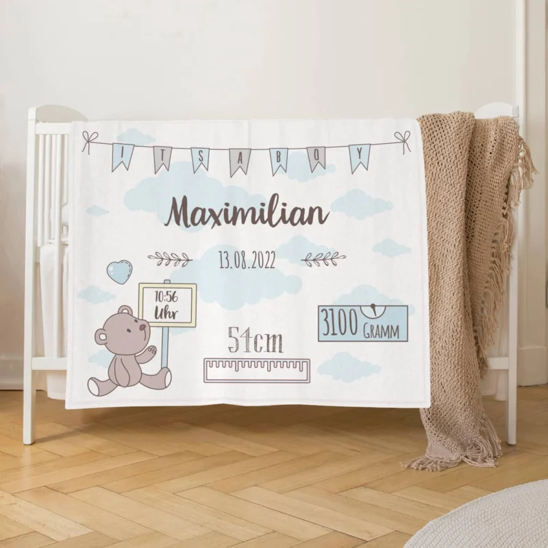 Kuscheldecke zur Geburt mit Teddy Motiv, Name, Datum, Uhrzeit, Größe und Gewicht bedruckt