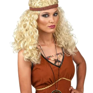 Perruque hippie pour femme blonde bouclée avec bandeau