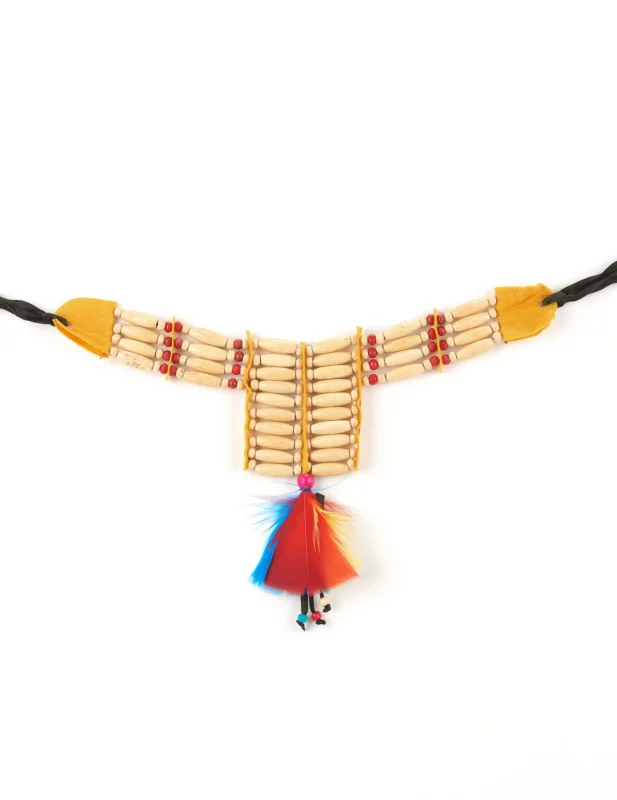 Ras de cou indien à plumes pour femme avec perles beiges et rouges