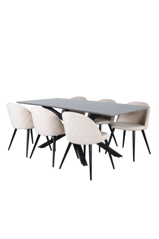 s_gr22516__1 Piazza rechteckiges 7teiliges Essgruppen Set mit grauem Esstisch 180 x 90 cm und 6 beigen Esszimmerstühlen mit Steppoptik Default Title