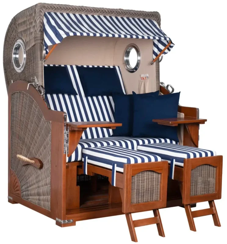 Strandkorb Mr. Deko Düne Bullaugen Mahagoni PE grey 2-Sitzer mit bequemen Kissen und schickem Design.