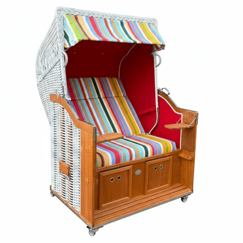 Strandkorb Sonnenpartner Modell Classic white washed, Holz lasiert, Dessin bunt 13 rot weiss 712