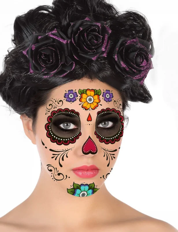 Tatouage visage Dia de los Muertos pour femme multicolore avec motifs de fleurs